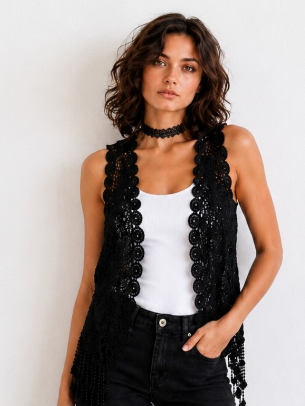 Black Boho Intricate Cotton Crochet Tassel Fringe Vest